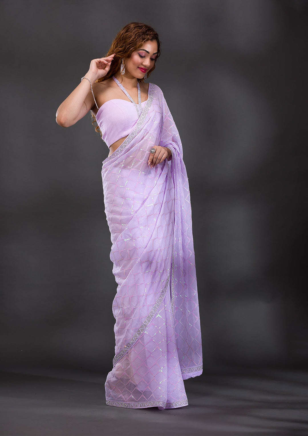 Lavender Sequins Shimmer Georgette Saree-Koskii