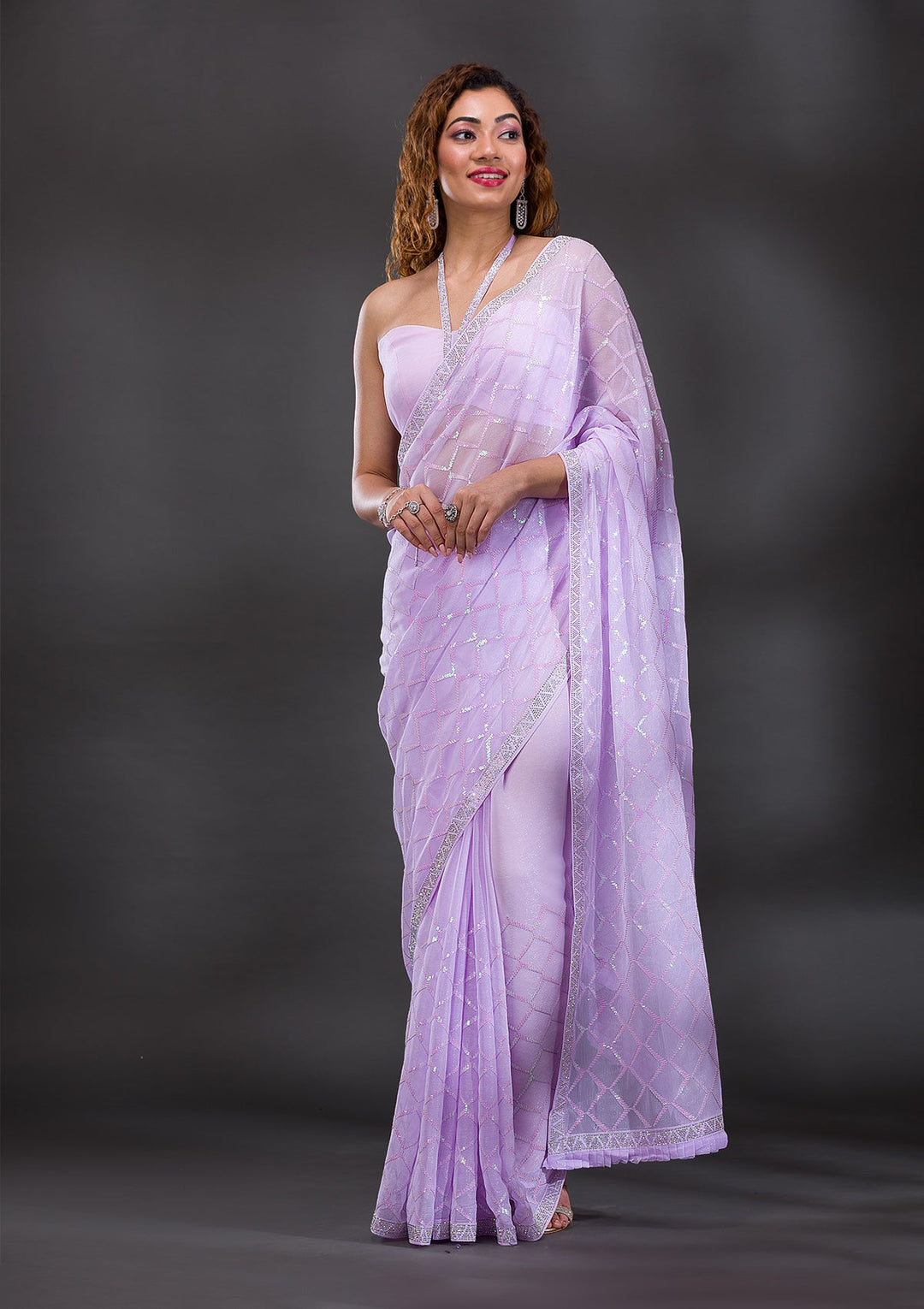 Lavender Sequins Shimmer Georgette Saree-Koskii