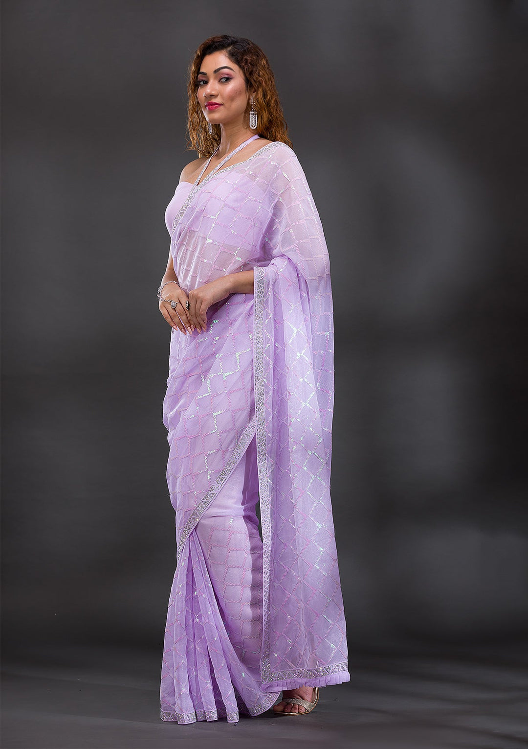 Lavender Sequins Shimmer Georgette Saree-Koskii