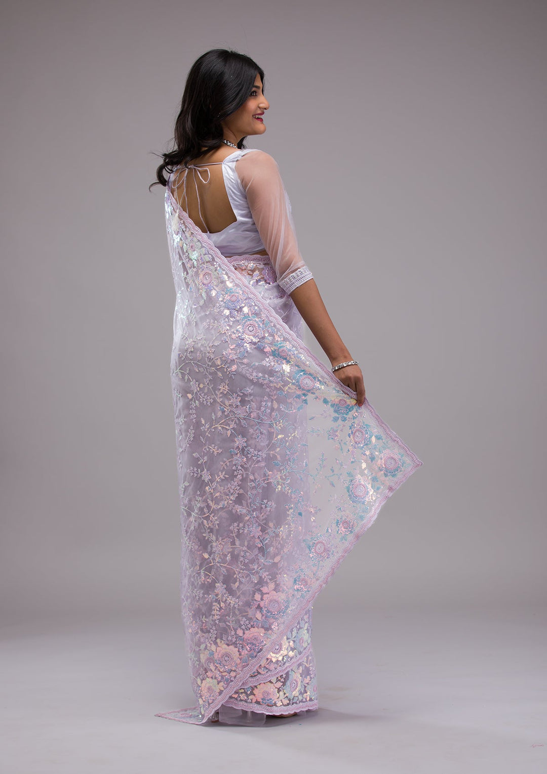 Lavender Sequins Tissue Saree-Koskii