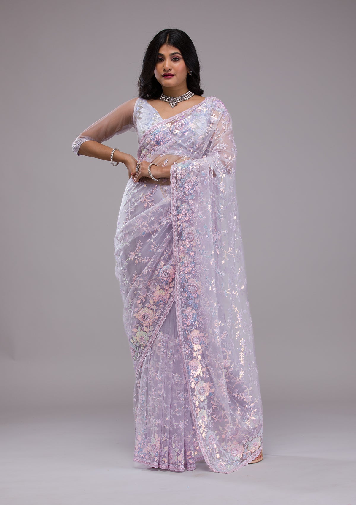 Lavender Sequins Tissue Saree-Koskii