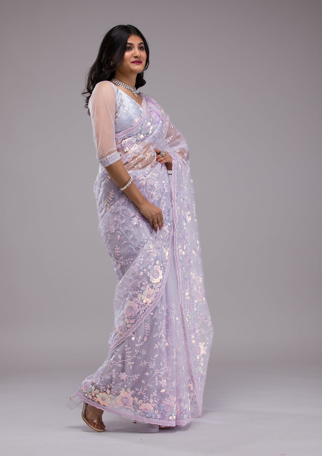 Lavender Sequins Tissue Saree-Koskii