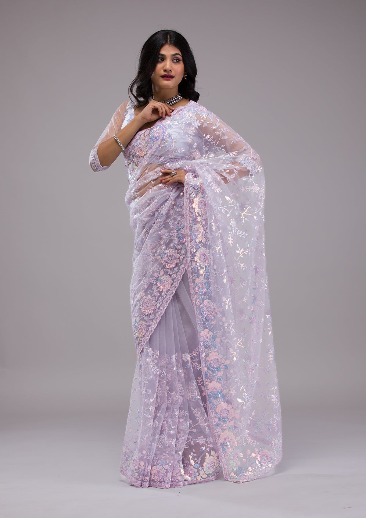 Lavender Sequins Tissue Saree-Koskii