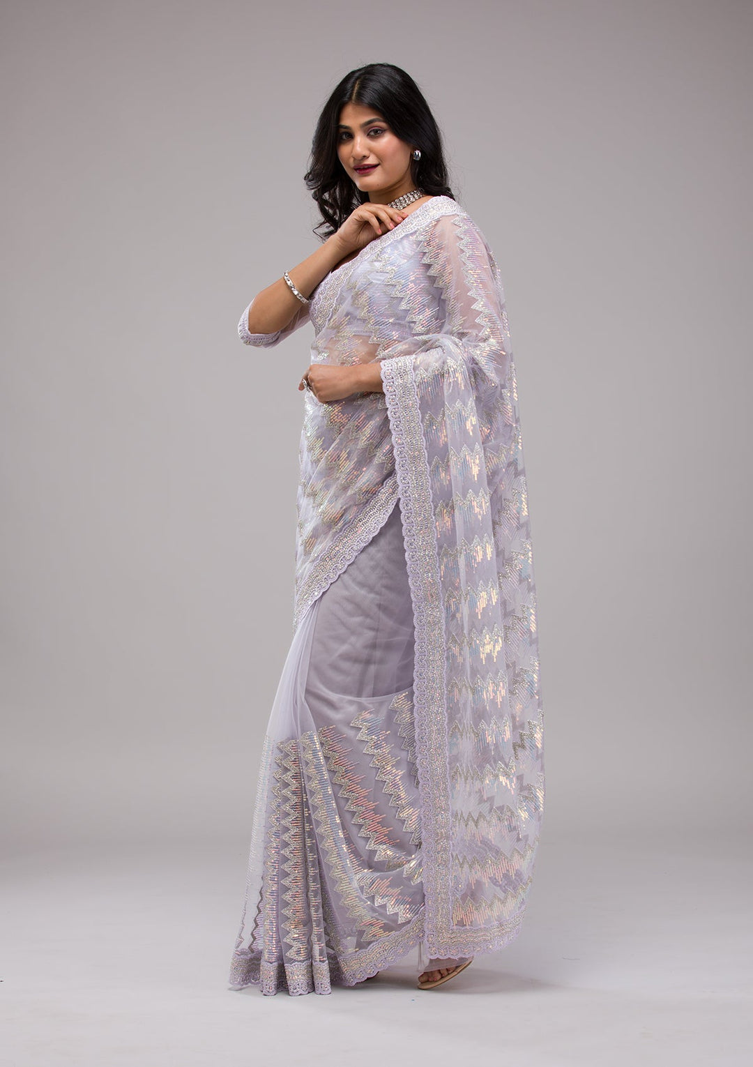 Lavender Sequins Tissue Saree-Koskii