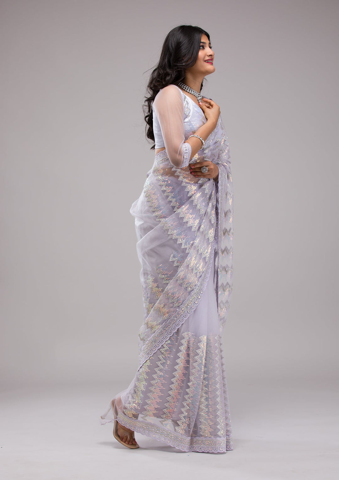 Lavender Sequins Tissue Saree-Koskii