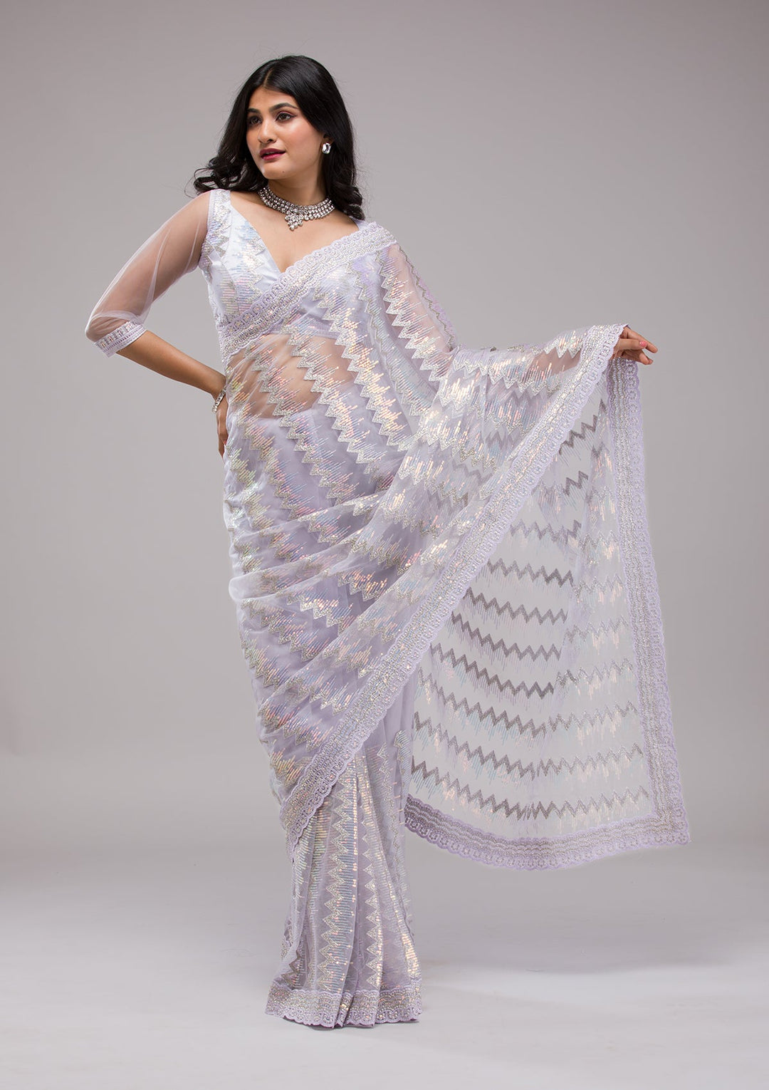 Lavender Sequins Tissue Saree-Koskii