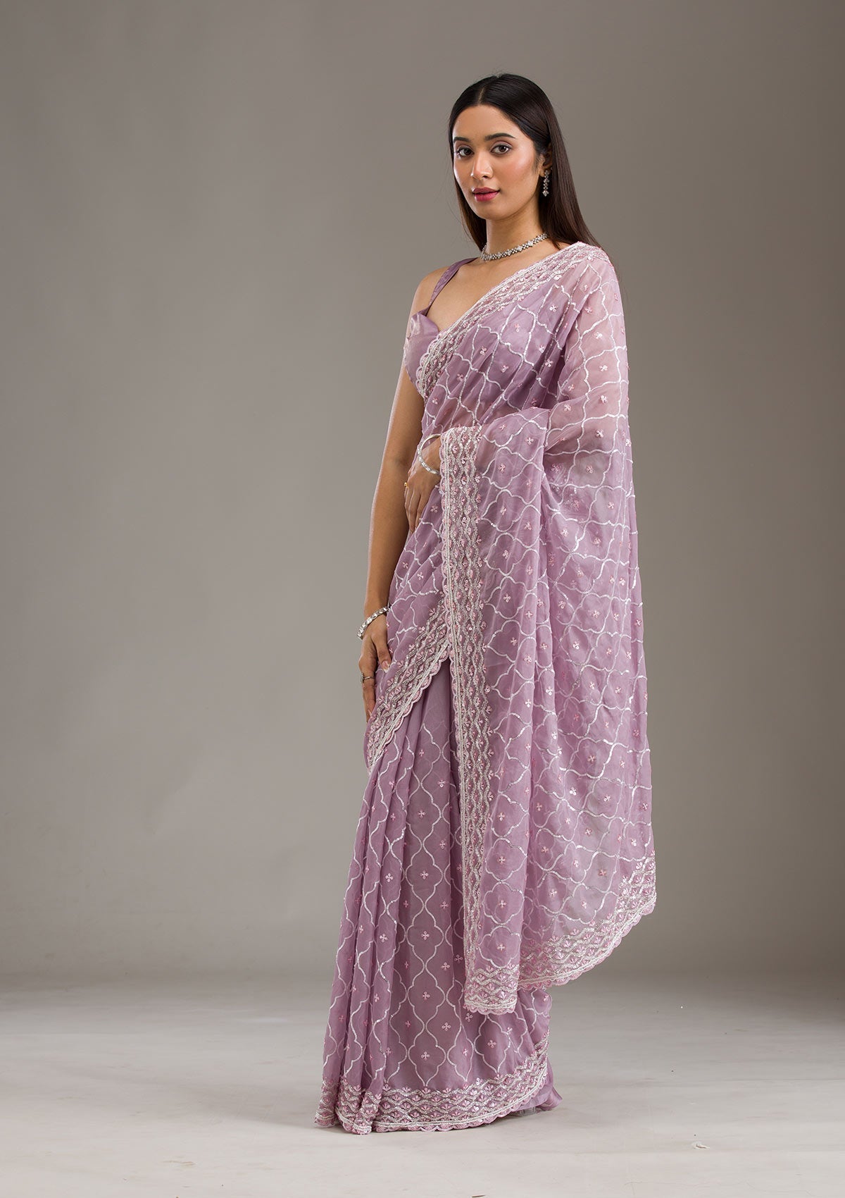 Lavender Sequins Tissue Saree-Koskii