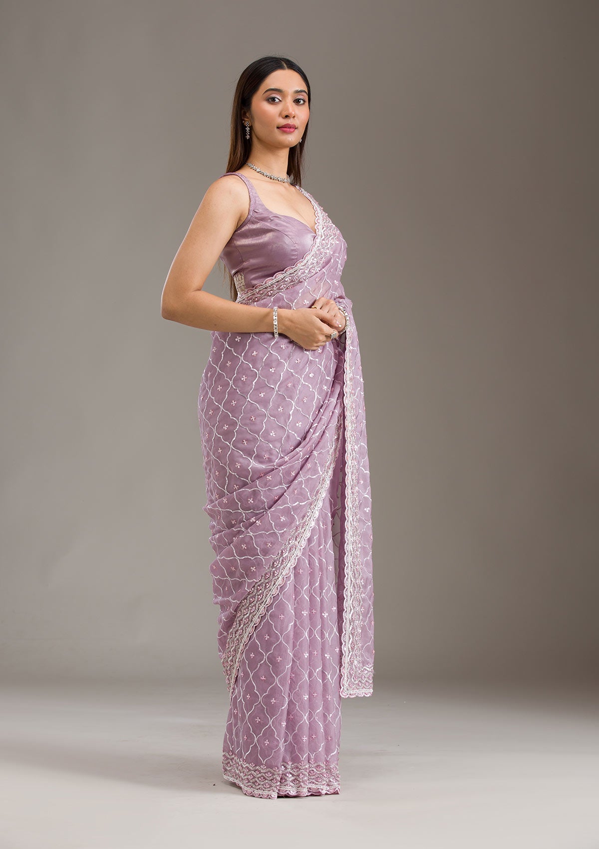 Lavender Sequins Tissue Saree-Koskii