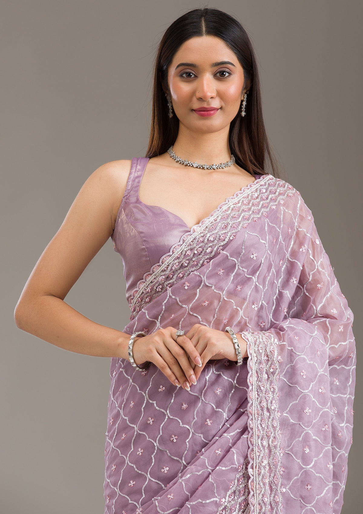 Lavender Sequins Tissue Saree-Koskii