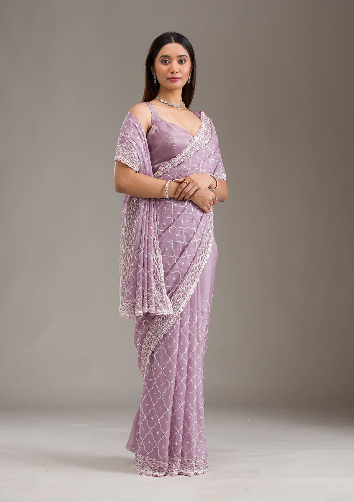 Lavender Sequins Tissue Saree-Koskii