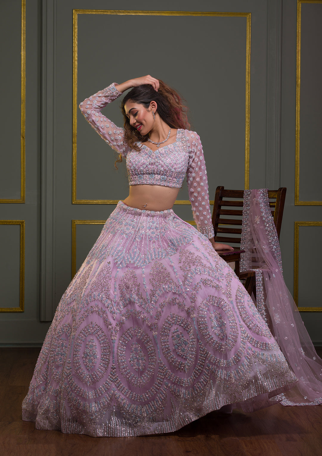 Lavender Silver Stonework Net Readymade Lehenga-Koskii