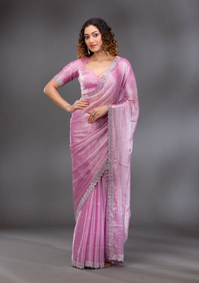 Lavender Silver Stonework Satin Saree-Koskii