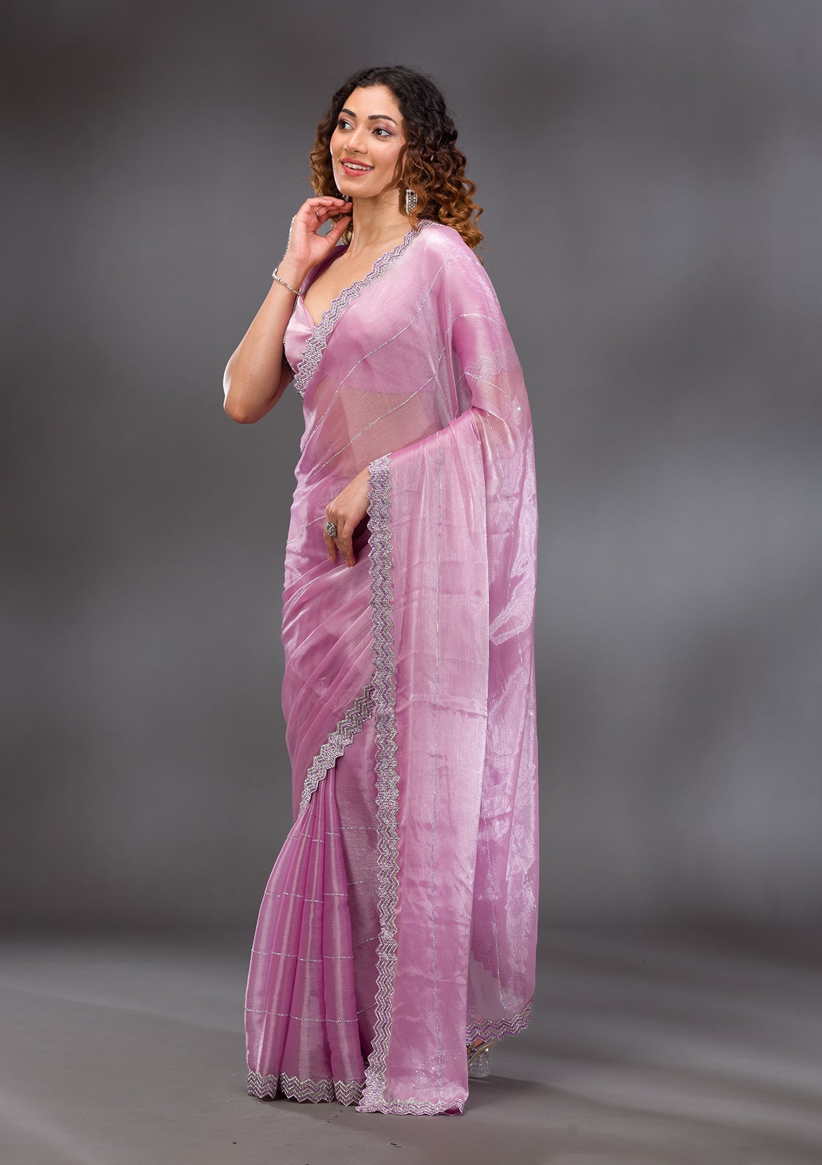 Lavender Silver Stonework Satin Saree-Koskii