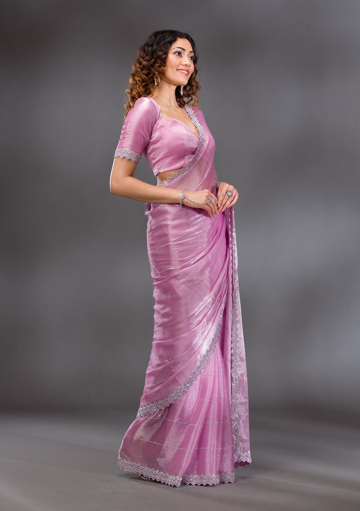 Lavender Silver Stonework Satin Saree-Koskii