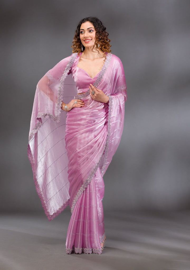 Lavender Silver Stonework Satin Saree-Koskii