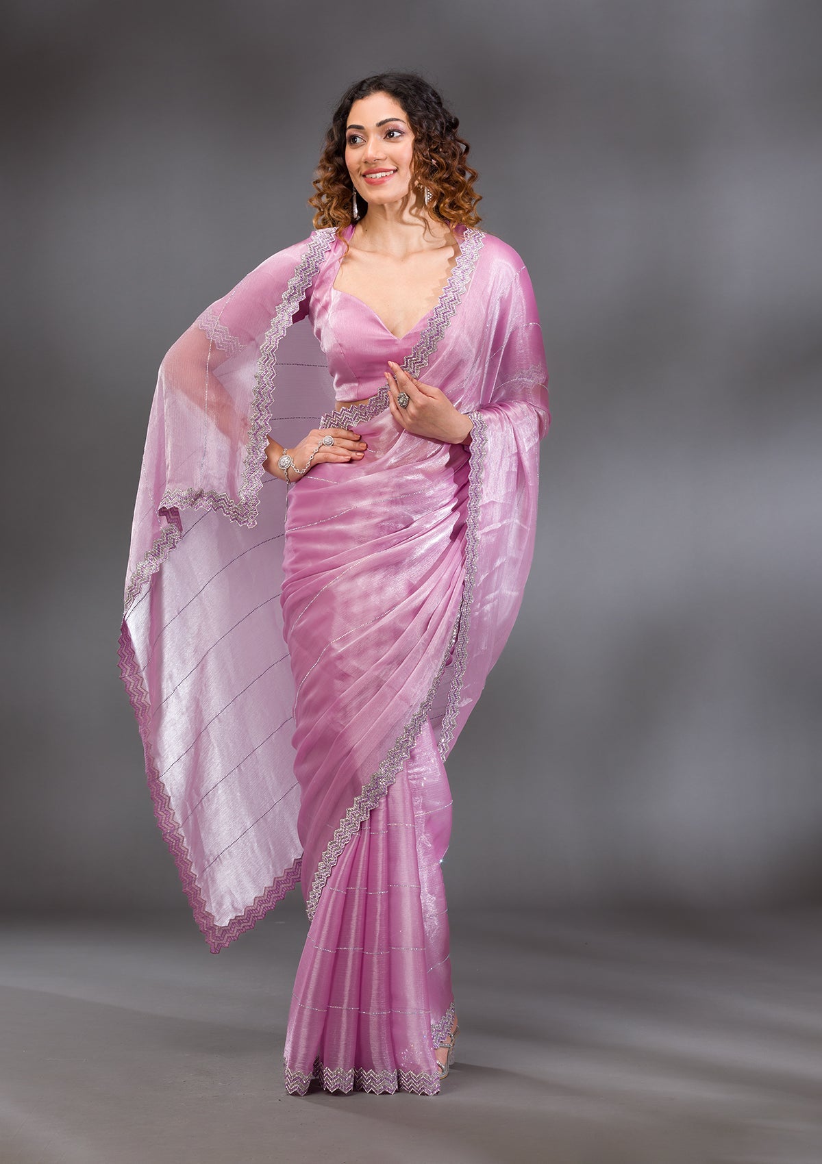 Lavender Silver Stonework Satin Saree-Koskii