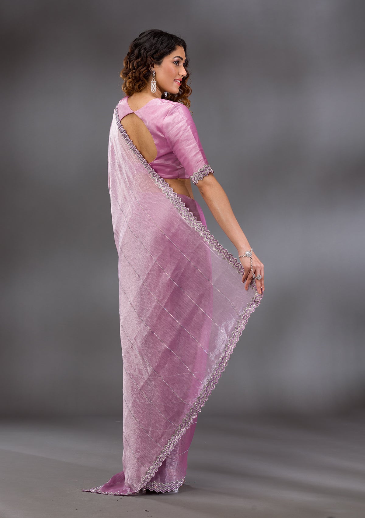 Lavender Silver Stonework Satin Saree-Koskii