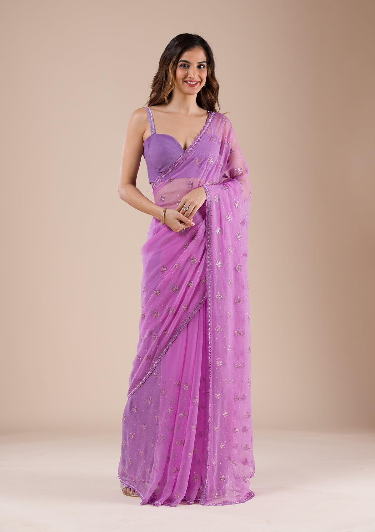 Lavender Stonework Chiffon Saree-Koskii