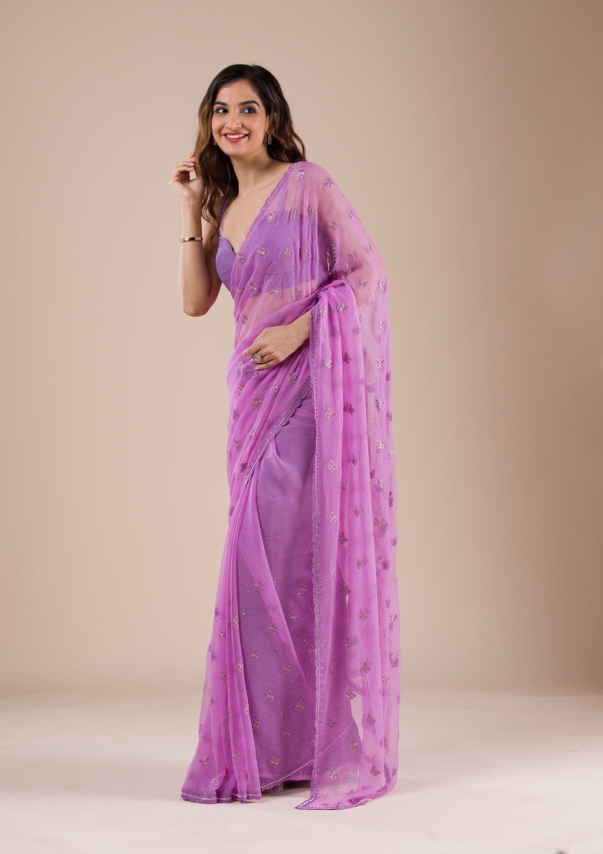 Lavender Stonework Chiffon Saree-Koskii