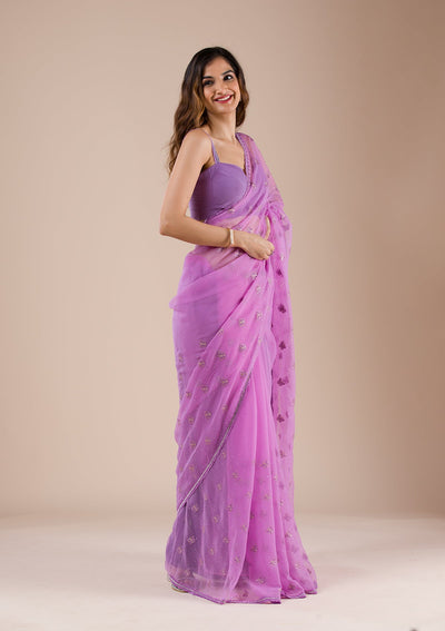 Lavender Stonework Chiffon Saree-Koskii