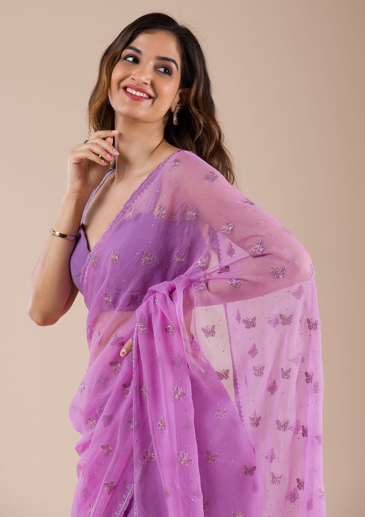 Lavender Stonework Chiffon Saree-Koskii