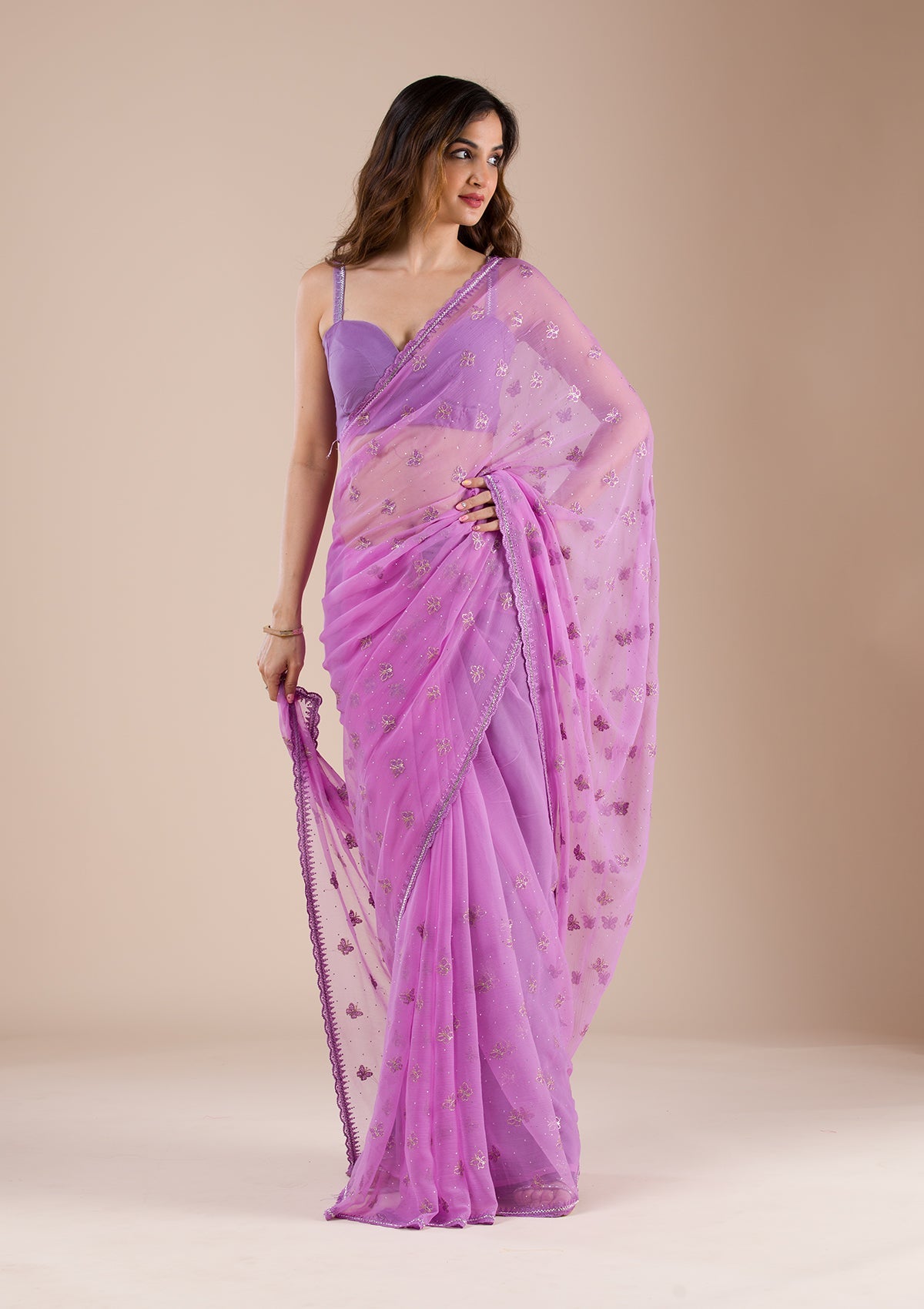 Lavender Stonework Chiffon Saree-Koskii