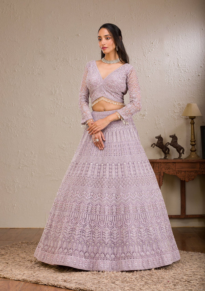 Lavender Silver Stonework Net Readymade Lehenga-Koskii