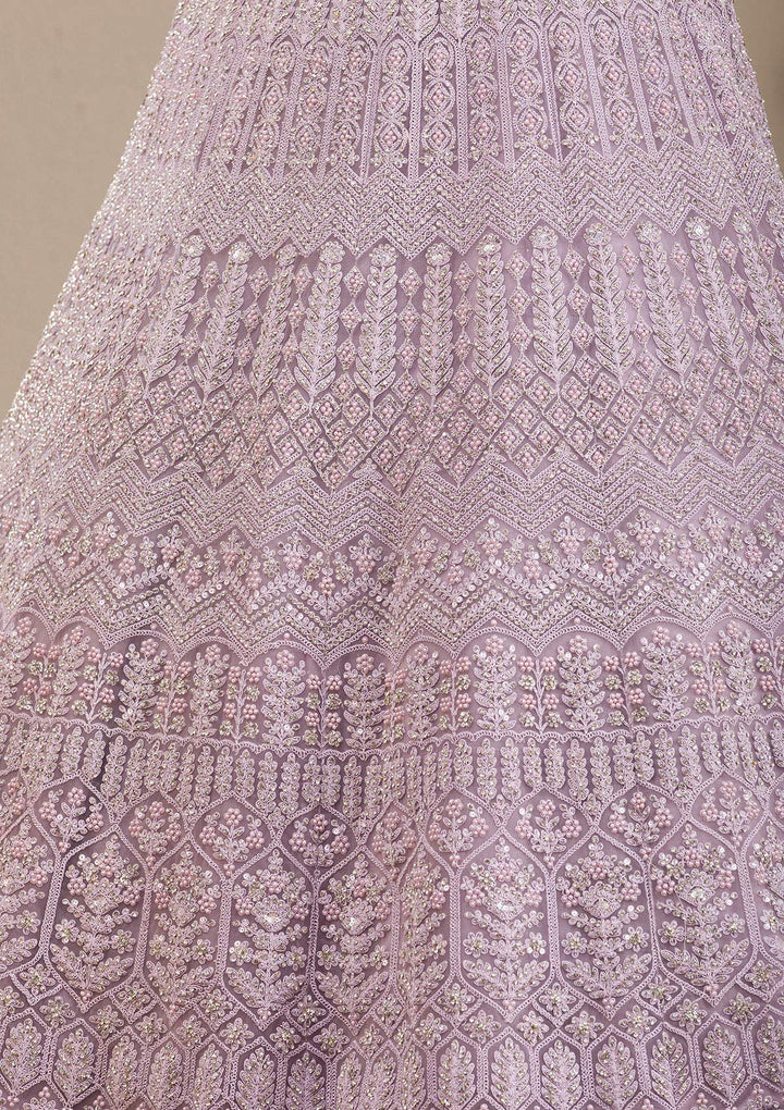 Lavender Silver Stonework Net Readymade Lehenga-Koskii