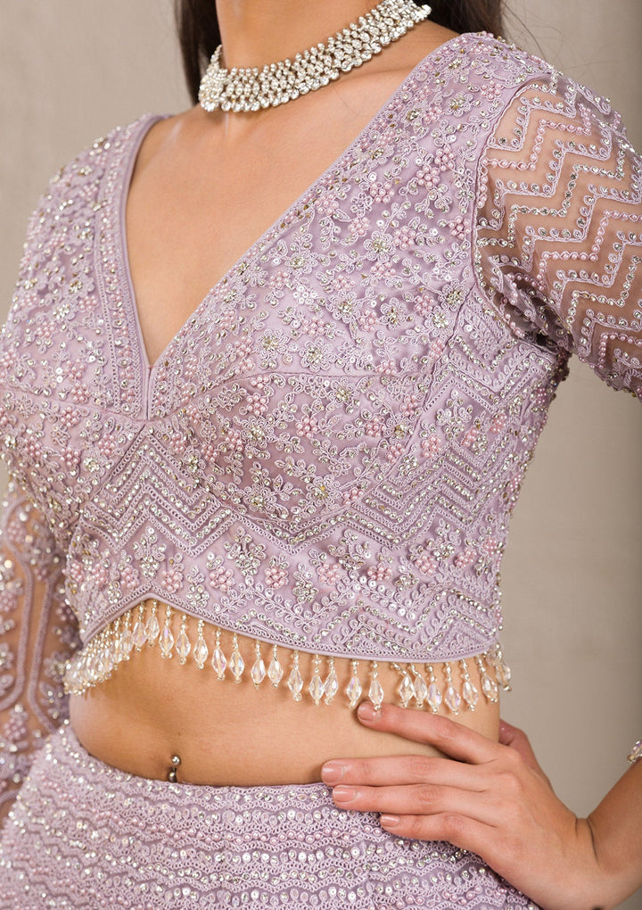 Lavender Silver Stonework Net Readymade Lehenga-Koskii