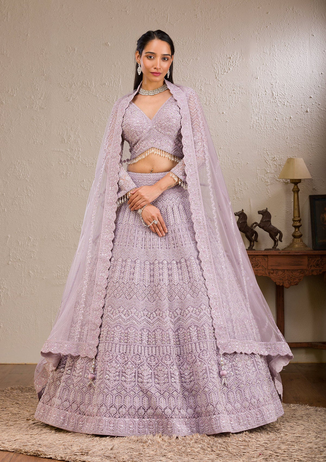 Lavender Silver Stonework Net Readymade Lehenga-Koskii