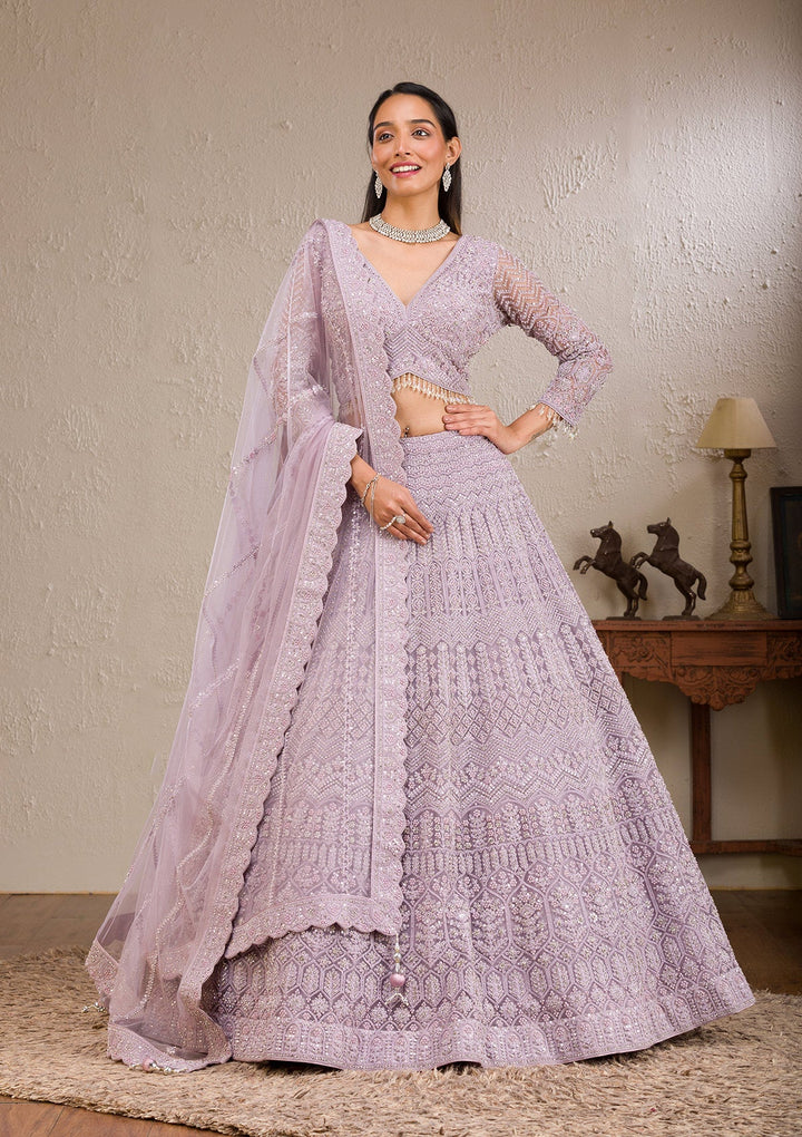 Lavender Silver Stonework Net Readymade Lehenga-Koskii