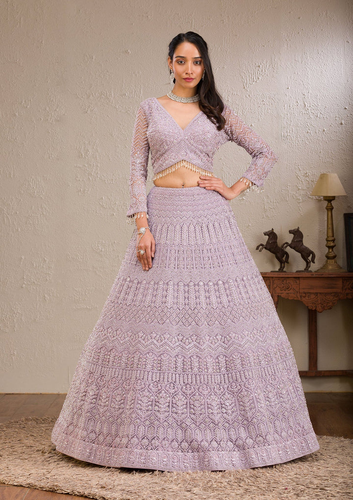 Lavender Silver Stonework Net Readymade Lehenga-Koskii