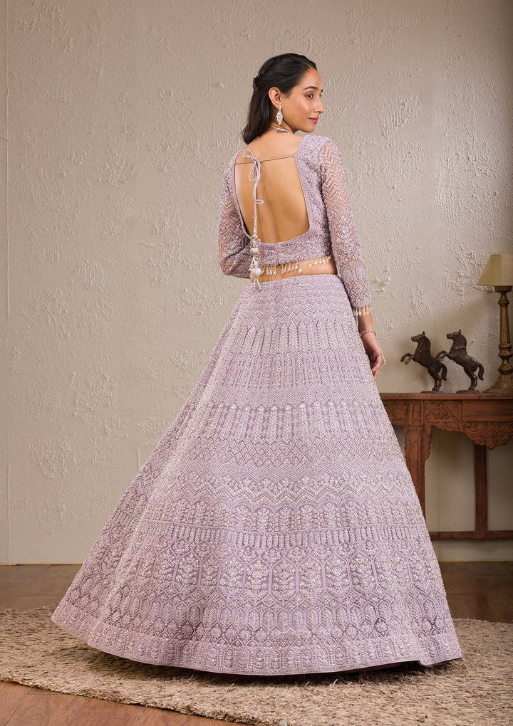 Lavender Silver Stonework Net Readymade Lehenga-Koskii