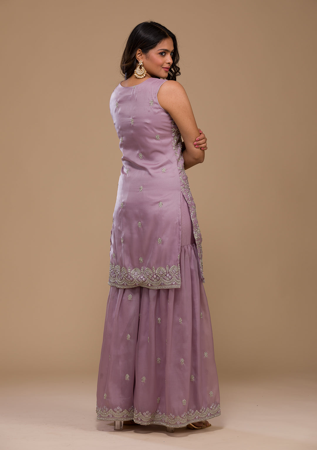 Lavender Stonework Tissue Readymade Salwar Kameez-Koskii