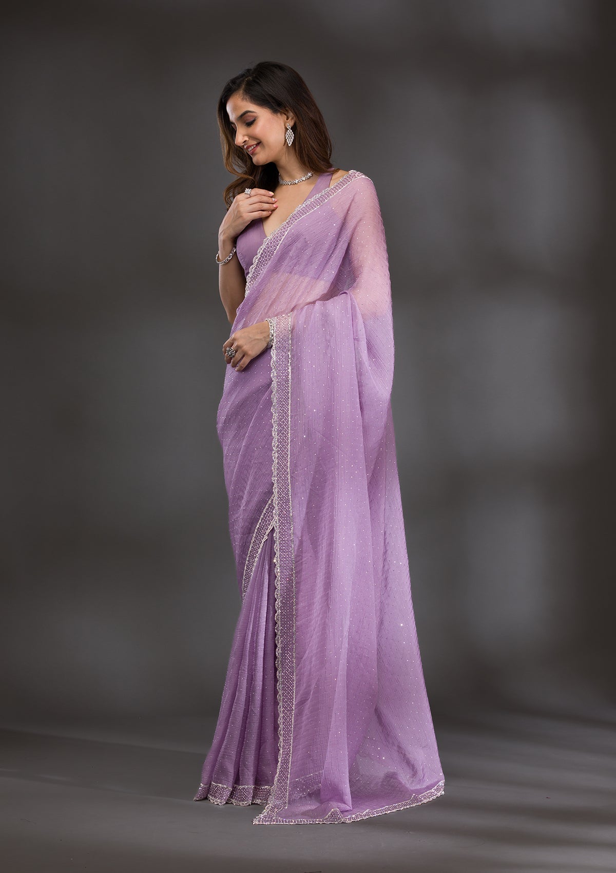 Lavender Silver Stonework Tissue Saree-Koskii