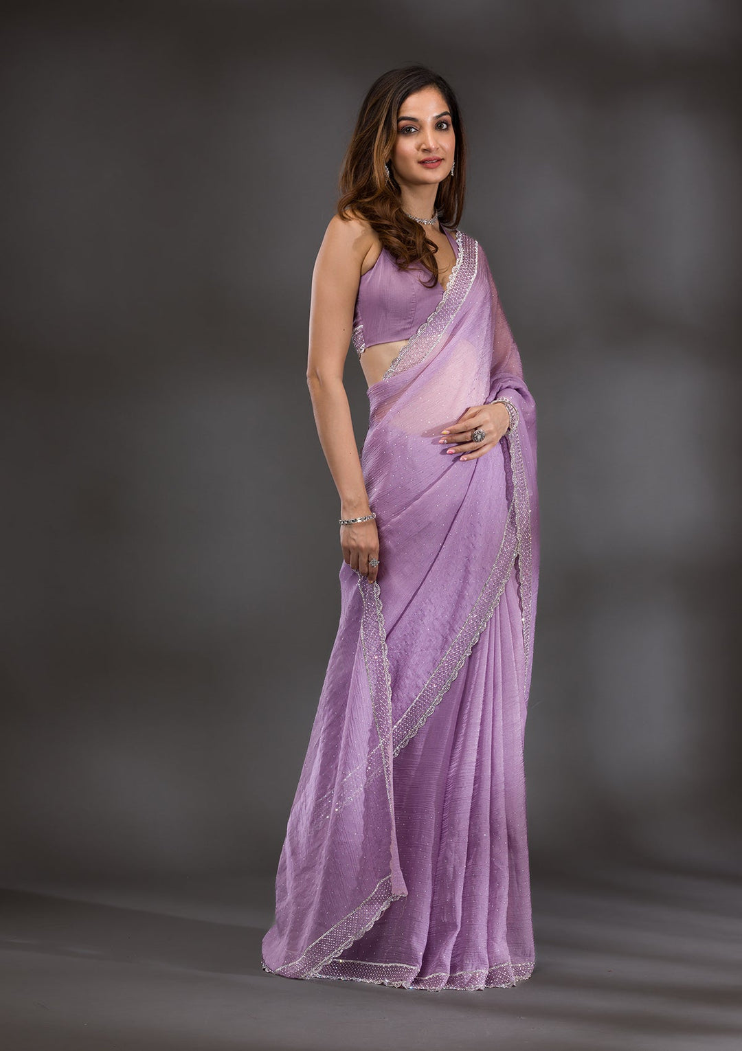 Lavender Silver Stonework Tissue Saree-Koskii