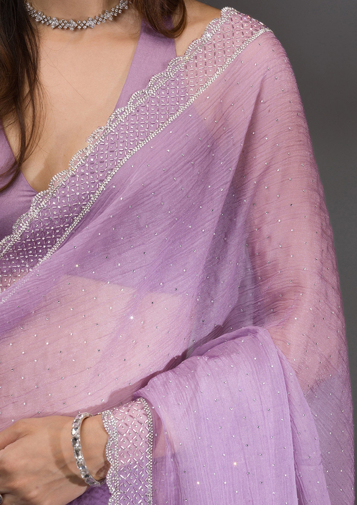 Lavender Silver Stonework Tissue Saree-Koskii