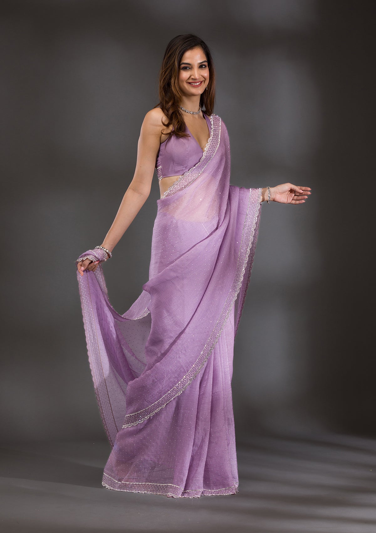 Lavender Silver Stonework Tissue Saree-Koskii