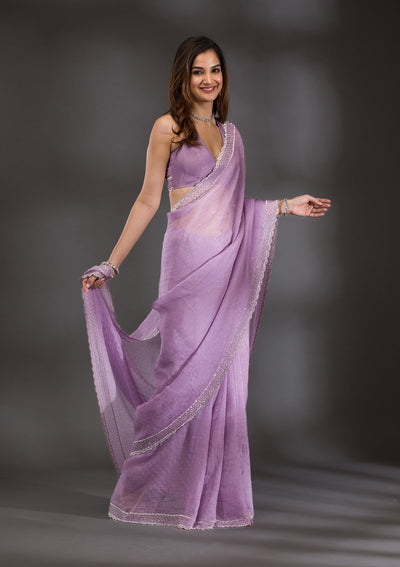 Lavender Silver Stonework Tissue Saree-Koskii