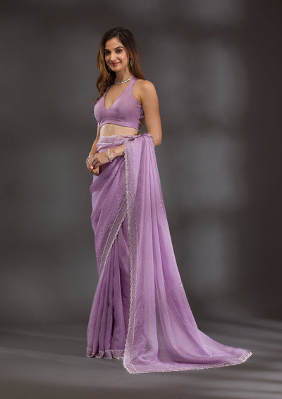 Lavender Silver Stonework Tissue Saree-Koskii