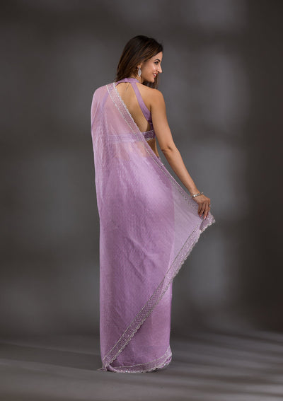 Lavender Silver Stonework Tissue Saree-Koskii