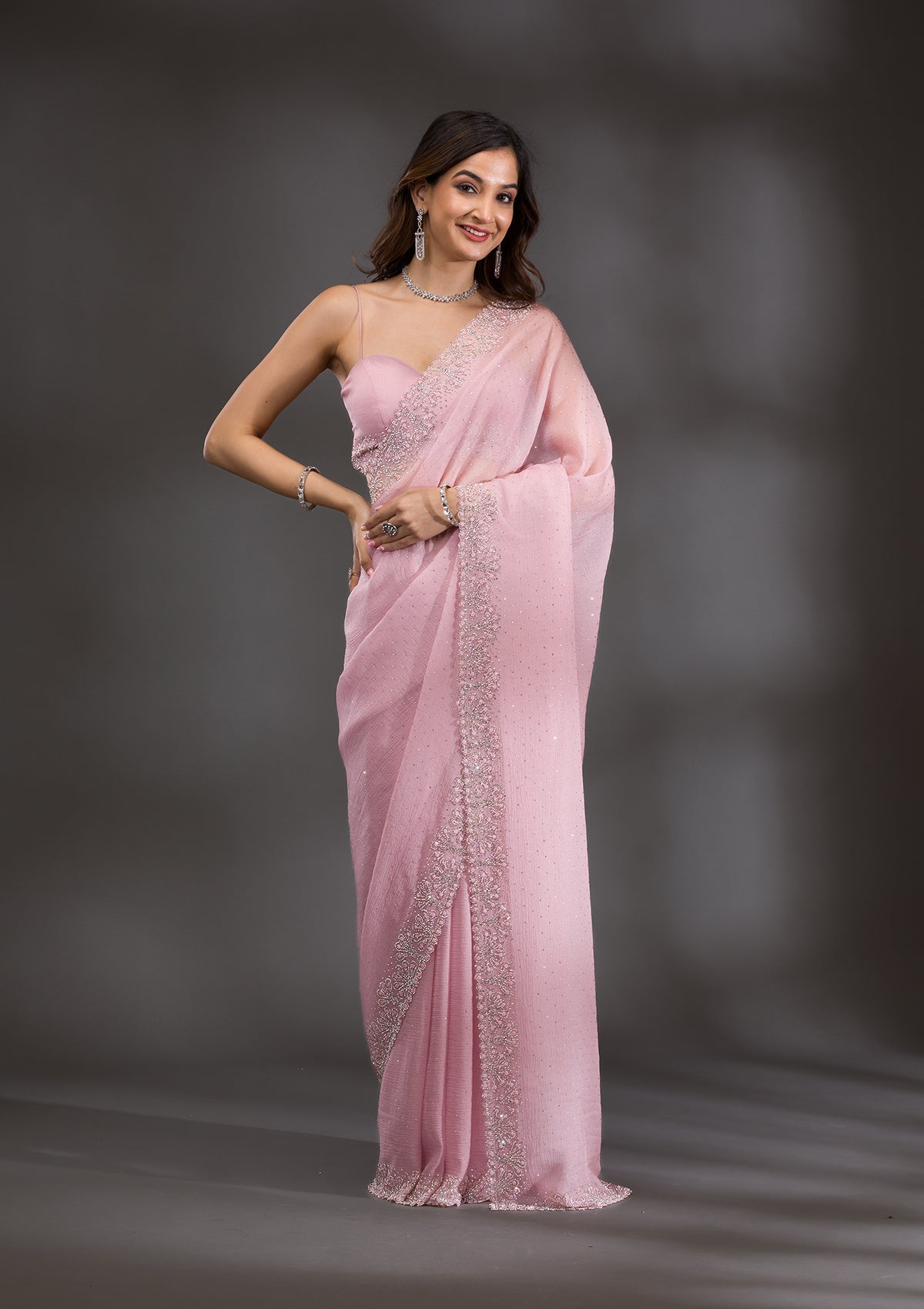 Lavender Threadwork Chiffon Saree-Koskii