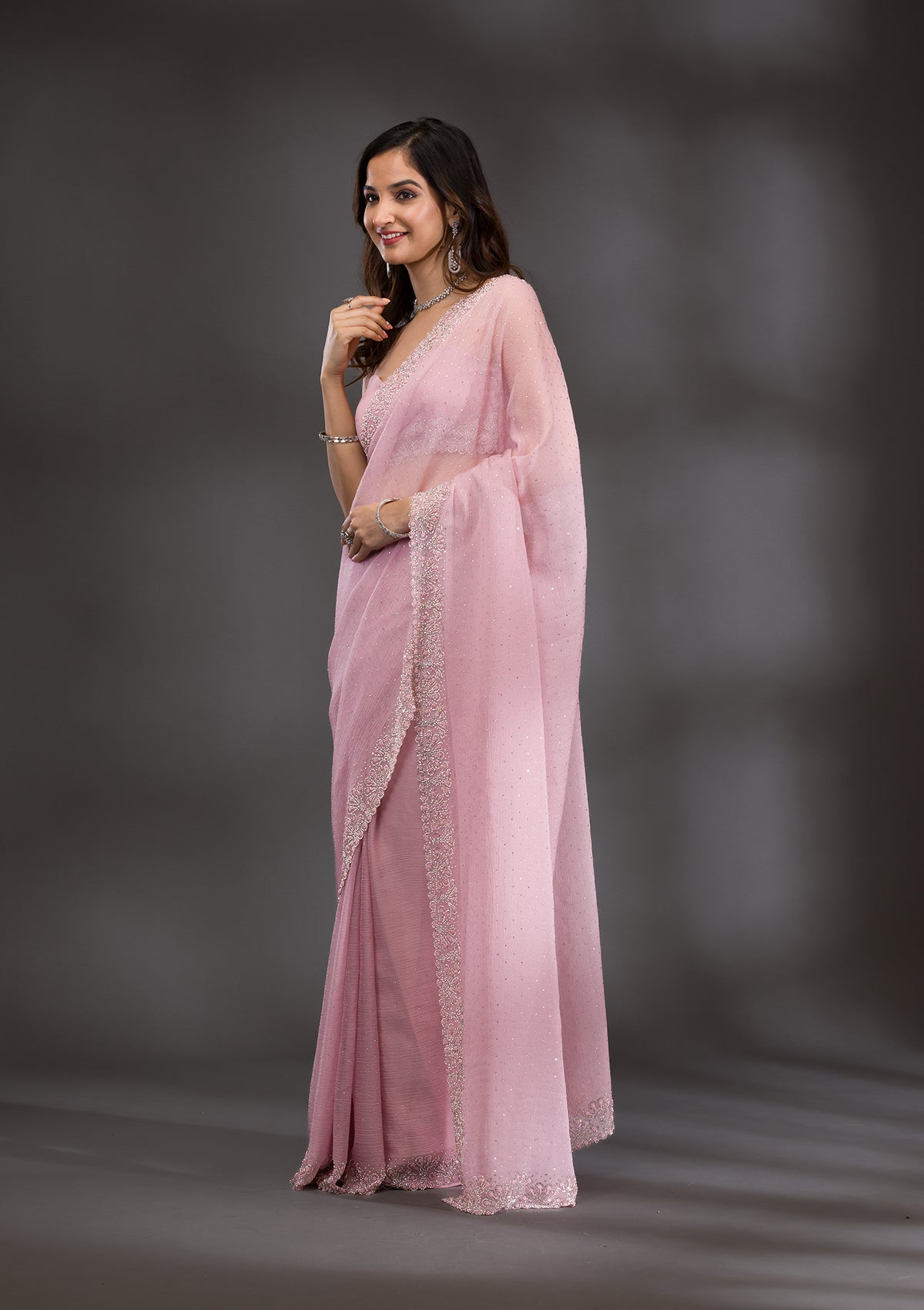 Lavender Threadwork Chiffon Saree-Koskii