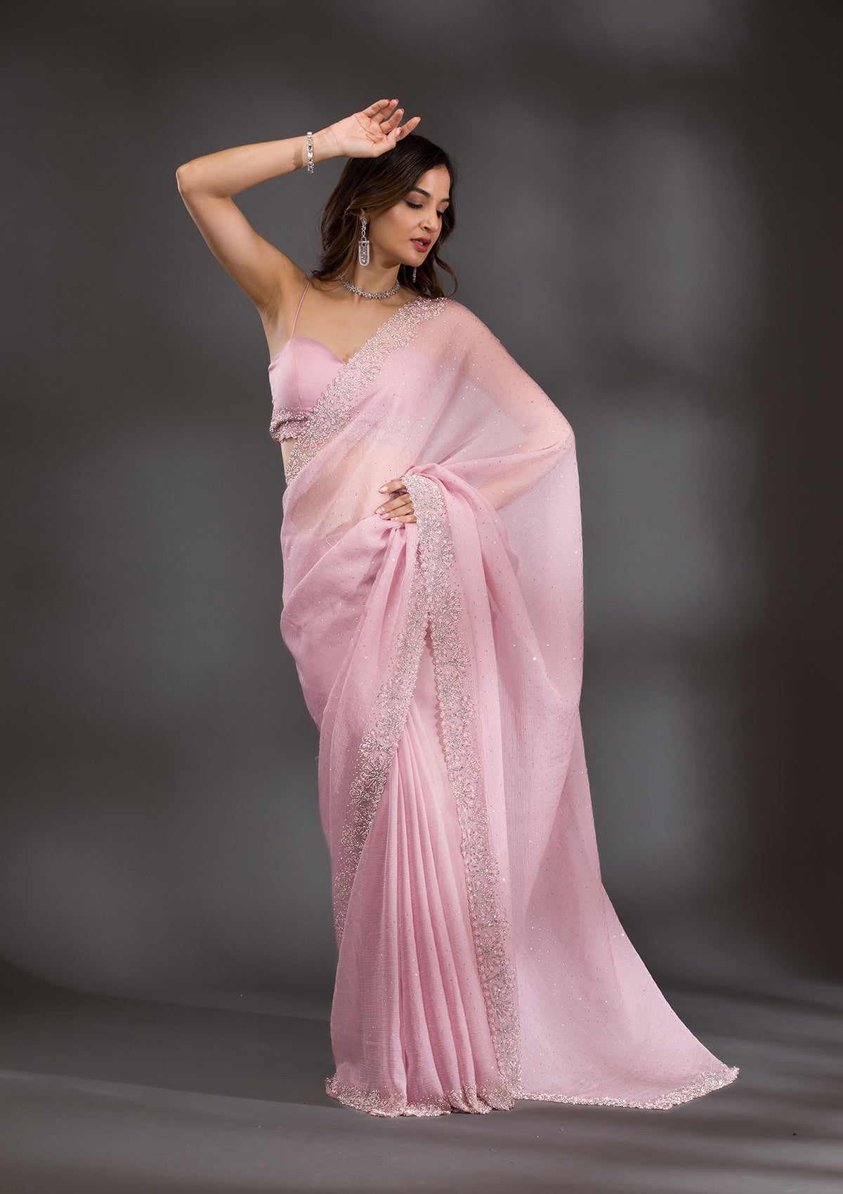 Lavender Threadwork Chiffon Saree-Koskii