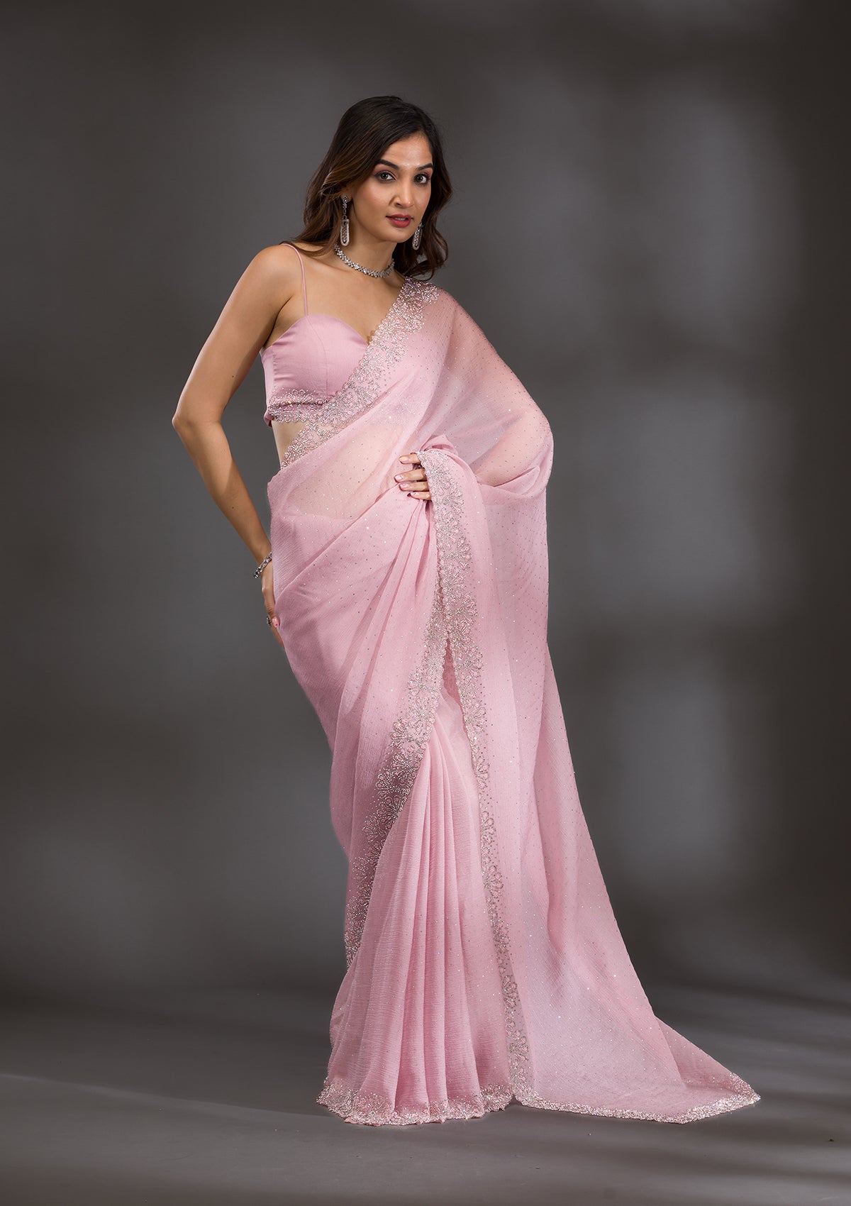 Lavender Threadwork Chiffon Saree-Koskii