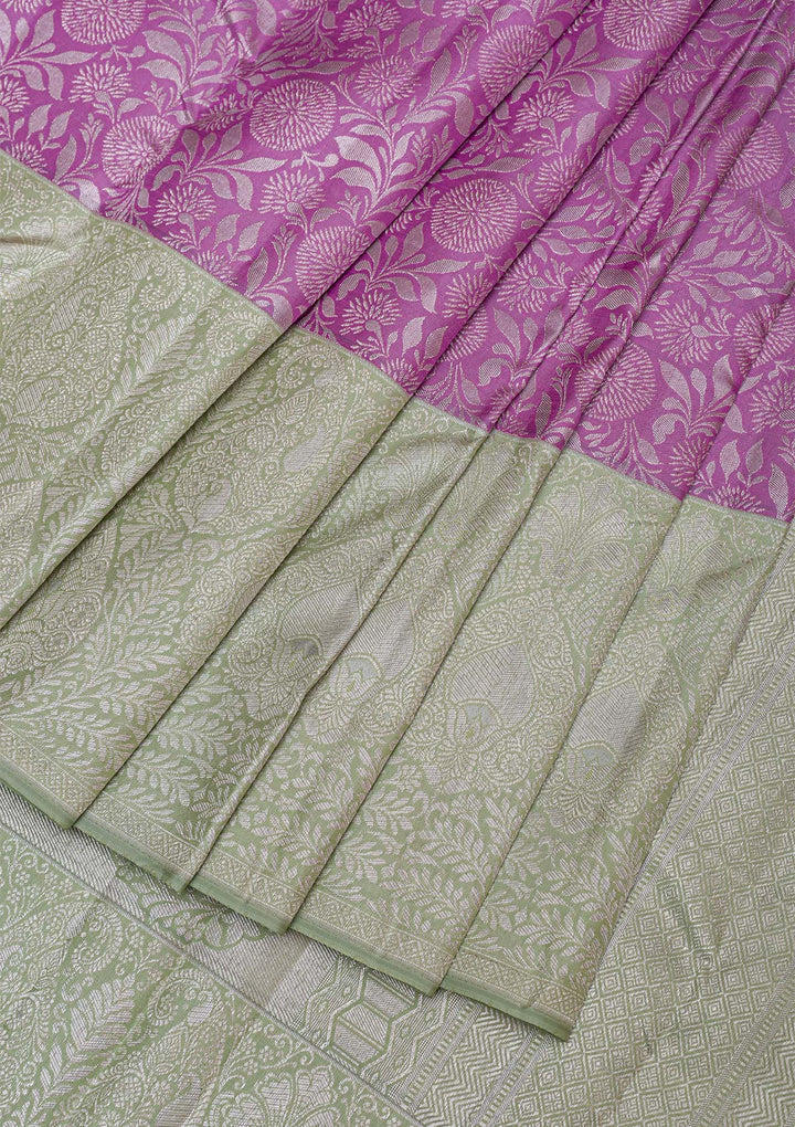 Lavender Silver Zariwork Pure Silk Saree-Koskii