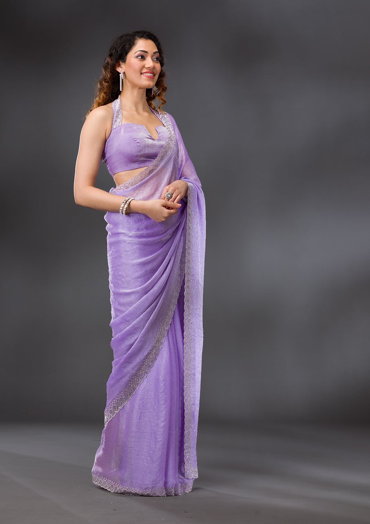 Lavender Stonework Chiffon Saree-Koskii