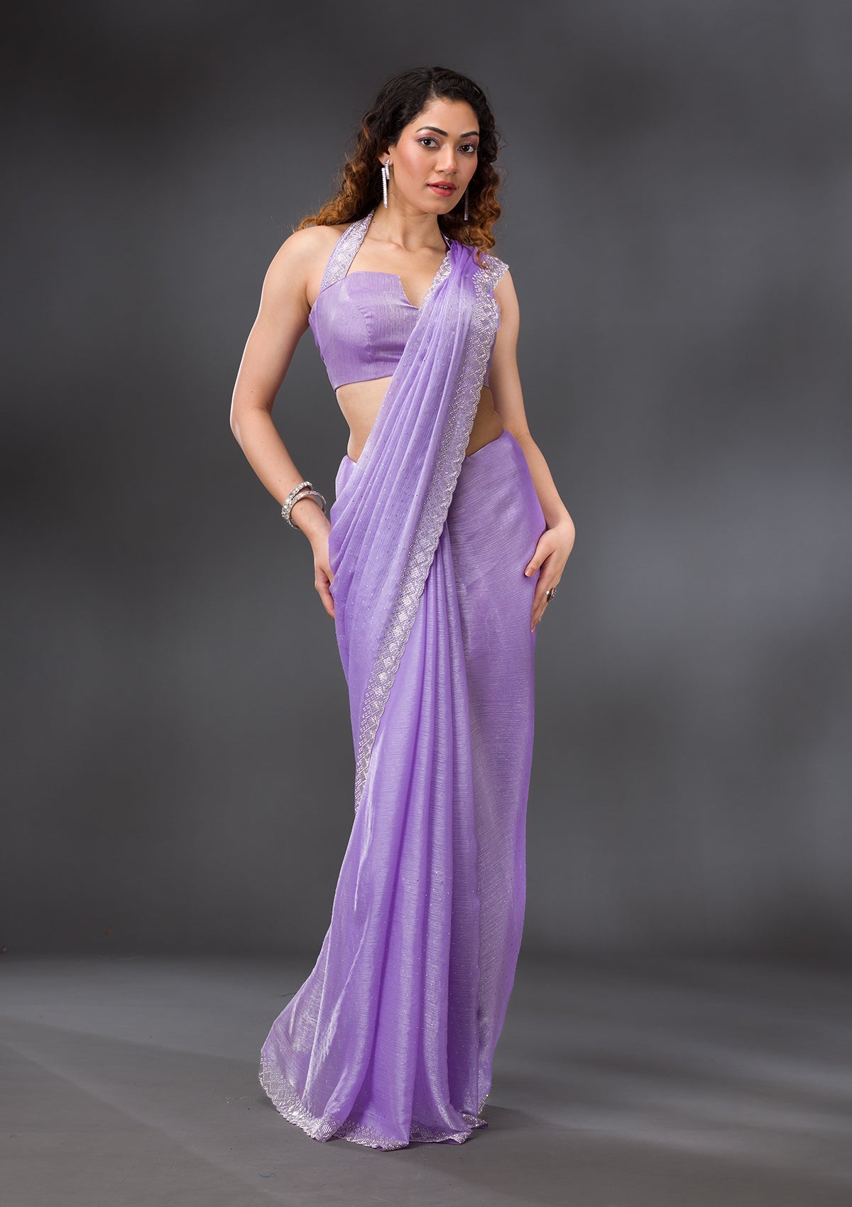 Lavender Stonework Chiffon Saree-Koskii