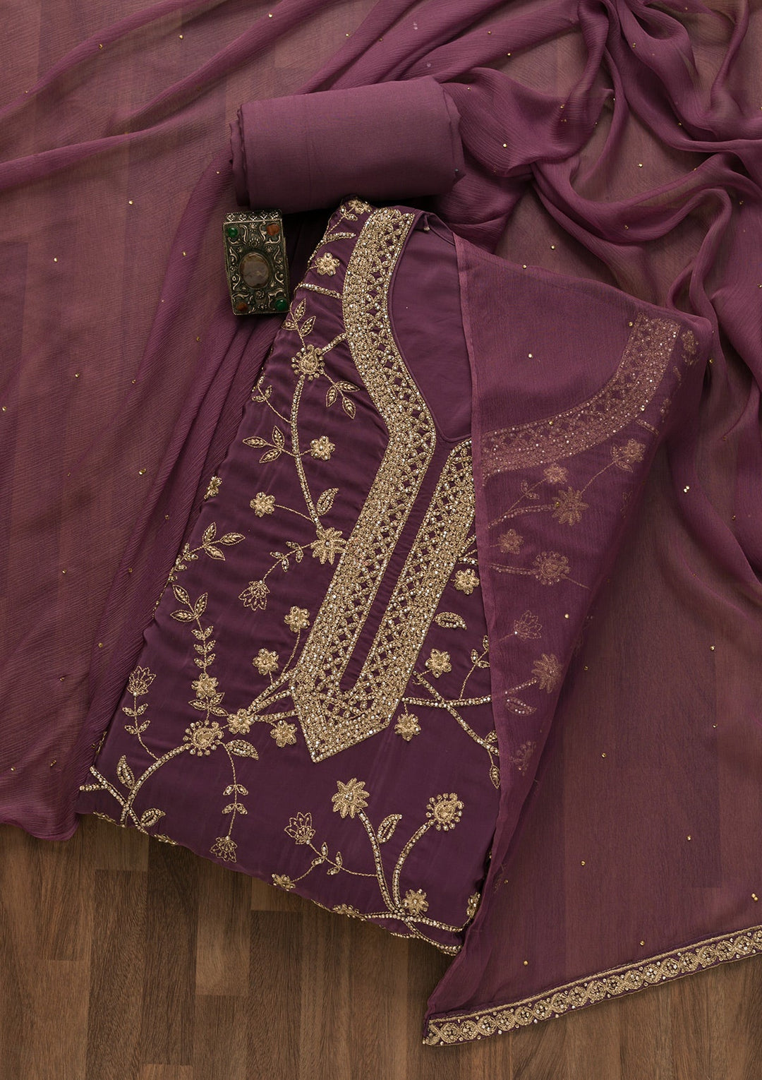 Lavender Stonework Georgette Unstitched Salwar Suit-Koskii
