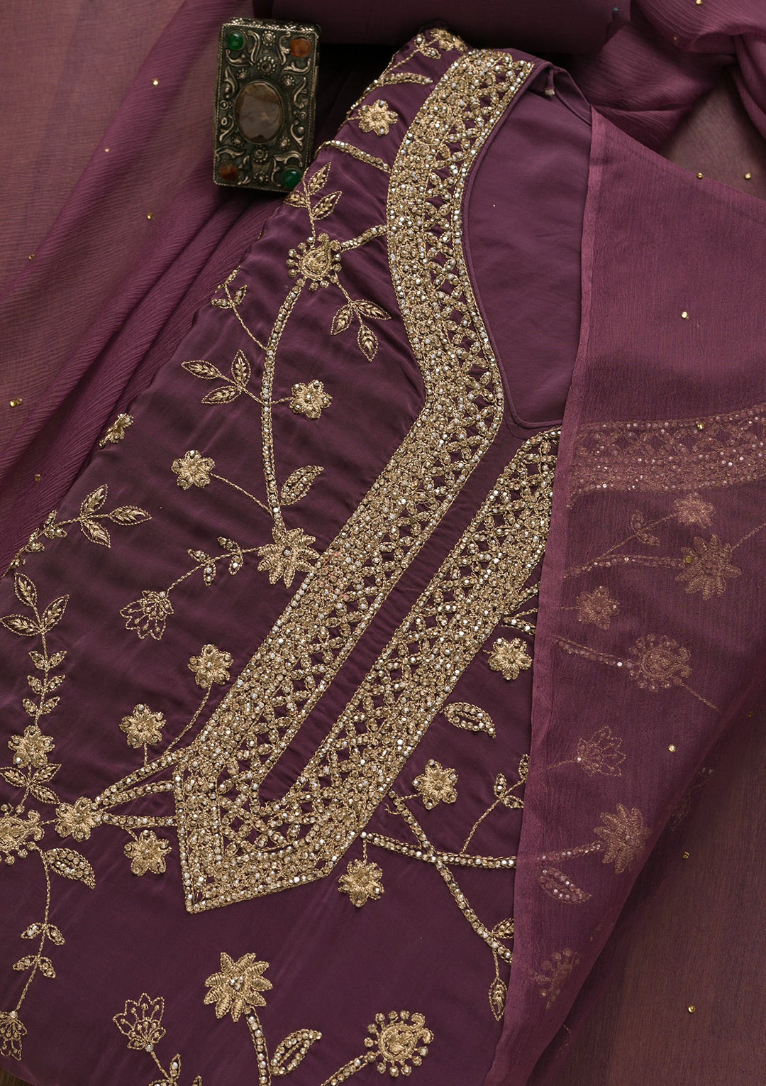 Lavender Stonework Georgette Unstitched Salwar Suit-Koskii